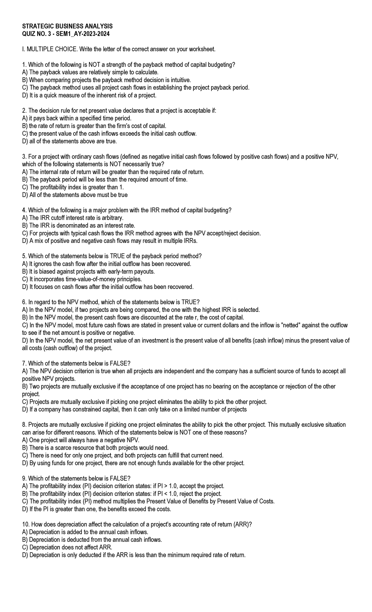 SBA practice problem - STRATEGIC BUSINESS ANALYSIS QUIZ NO. 3 - SEM1_AY ...