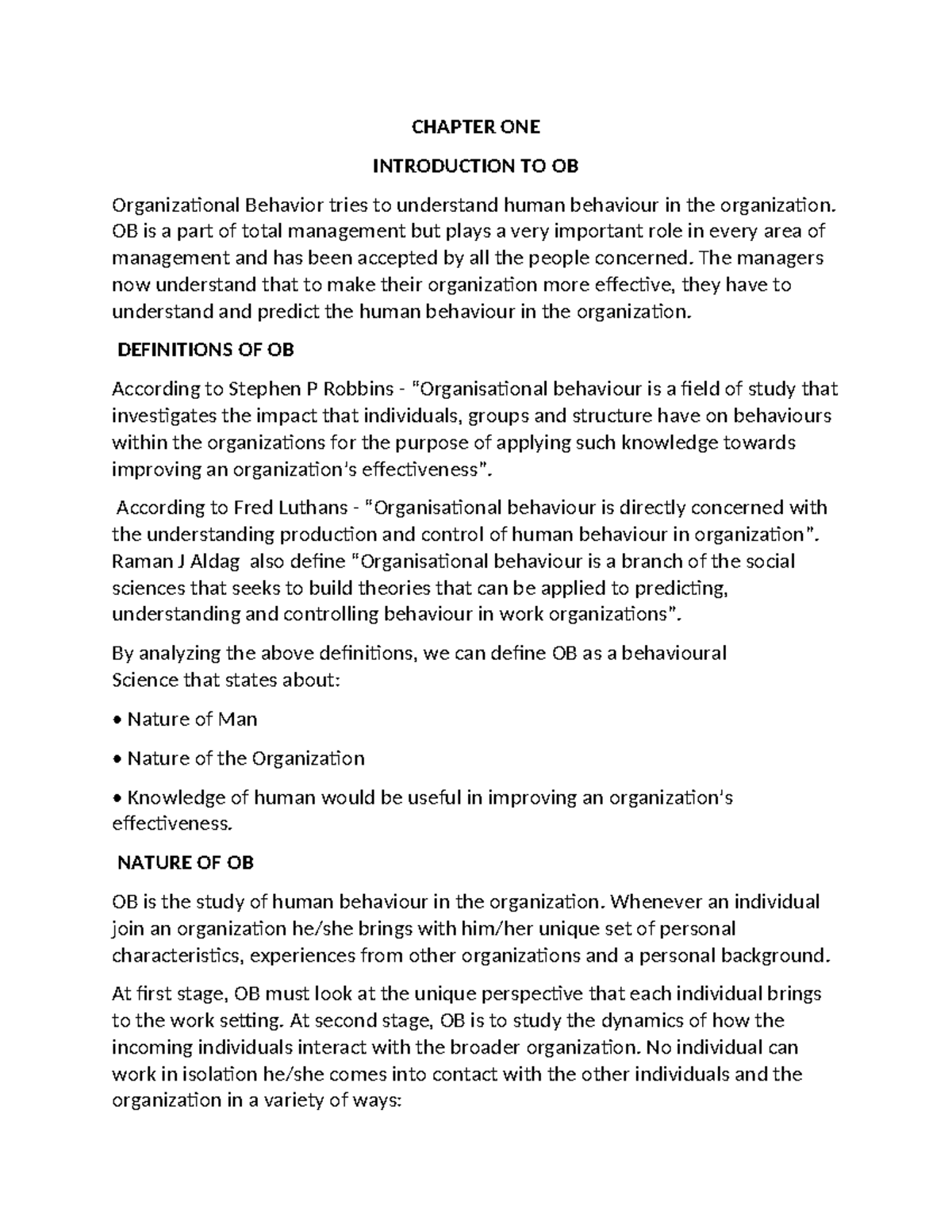 Organizational Behaviour-1 - CHAPTER ONE INTRODUCTION TO OB ...