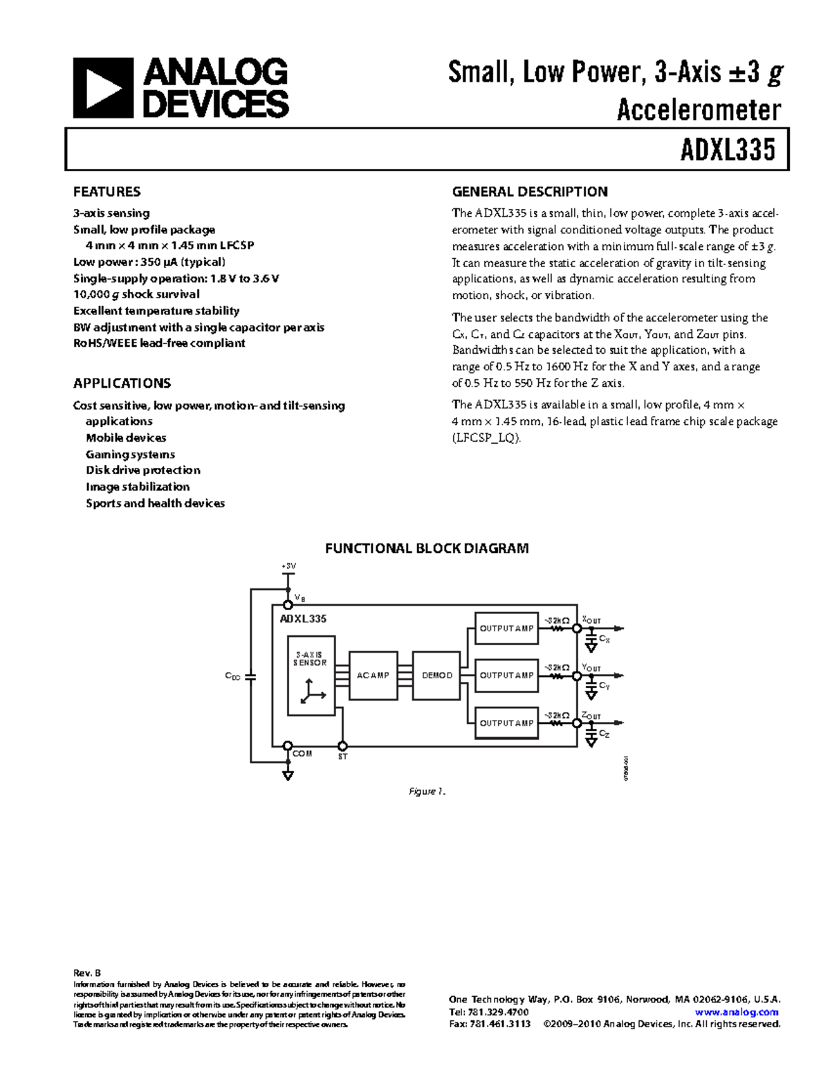 Datasheet y manual de chip ADXL335 - Small, Low Power, 3-Axis ±3 g ...