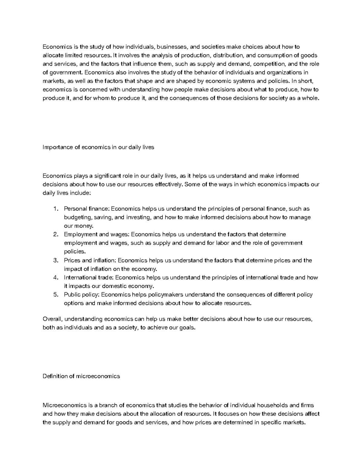 Baic econ essay - Economics is the study of how individuals, businesses ...