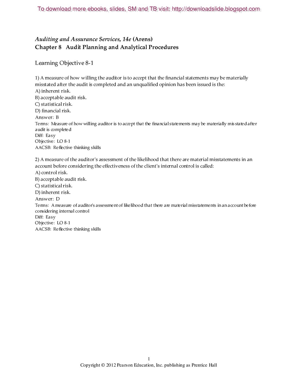 Chapter 8 - Testbank - 1 Auditing And Assurance Services, 14e (Arens ...