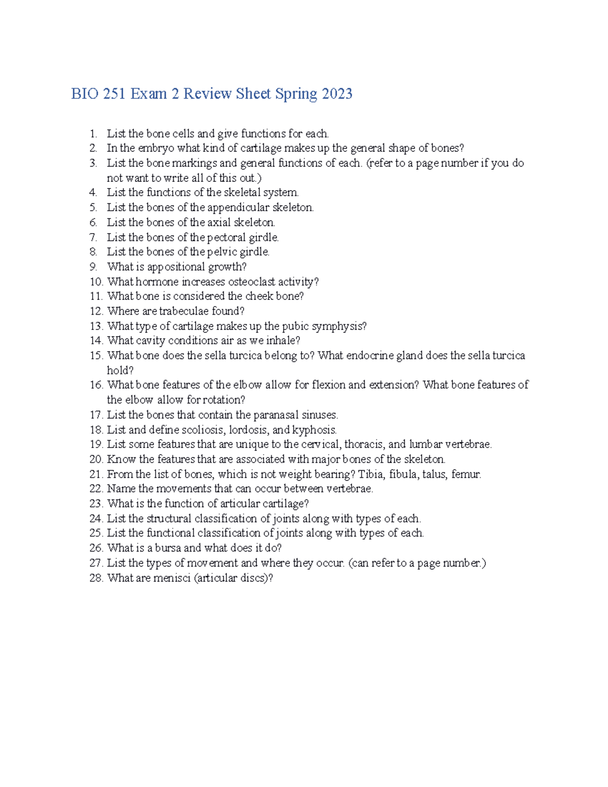 BIO 251 Exam 2 Review Sheet Spring 2023 - BIO 251 Exam 2 Review Sheet ...