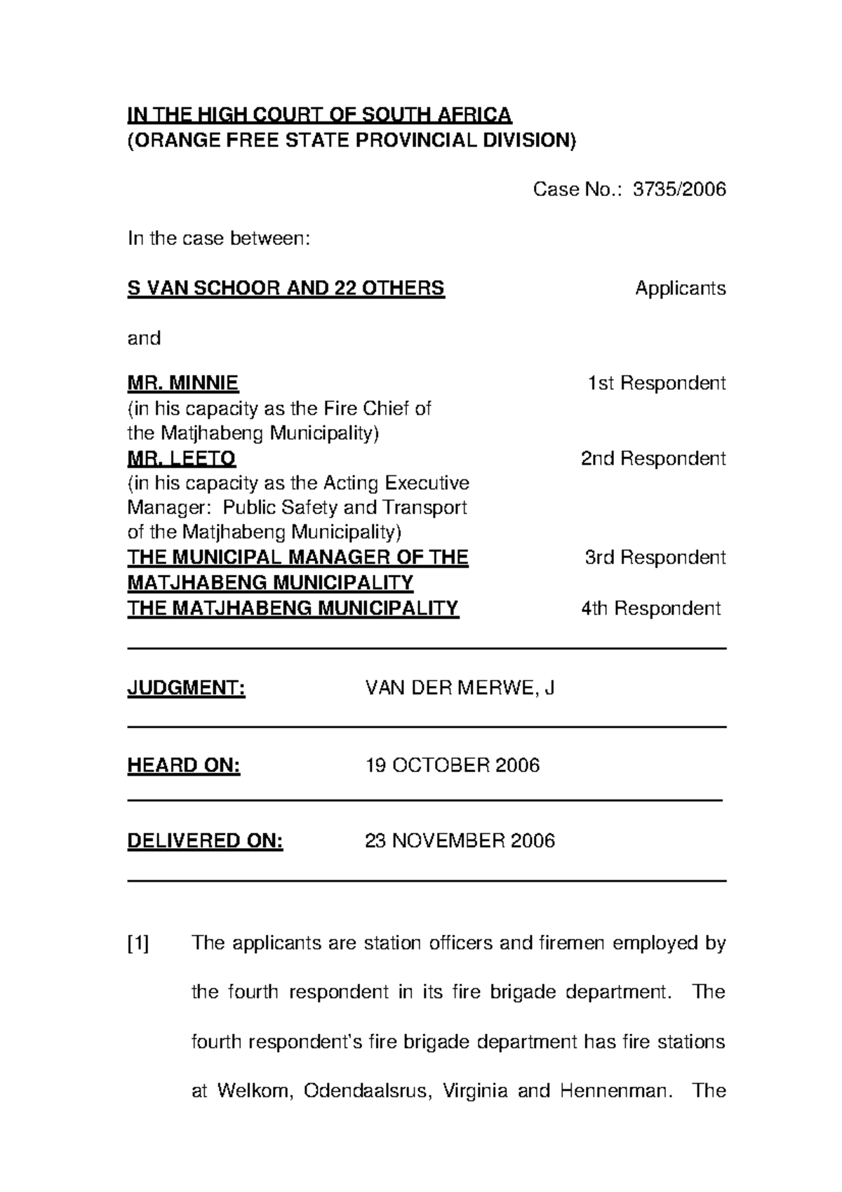 132 - labour law - IN THE HIGH COURT OF SOUTH AFRICA (ORANGE FREE STATE ...