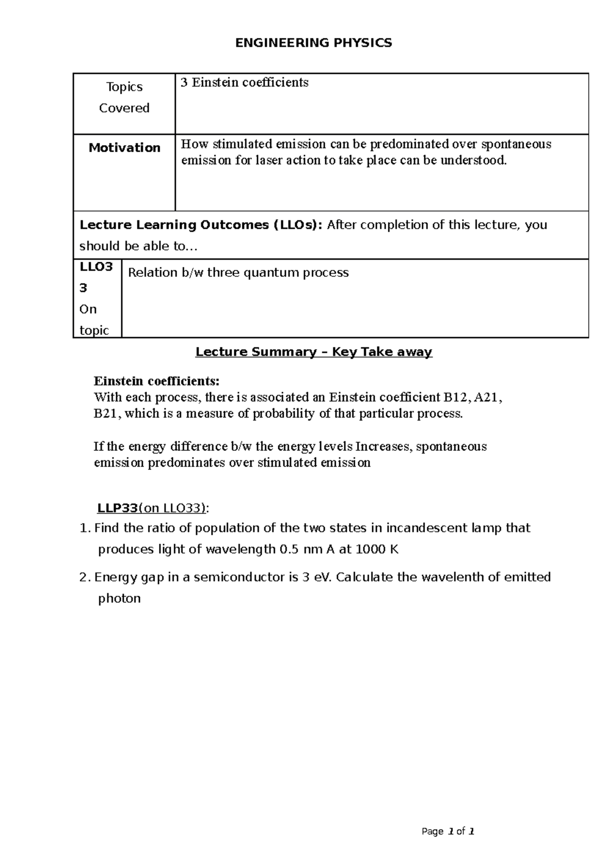Einstein coefficients - ENGINEERING PHYSICS Topics Covered 3 Einstein ...