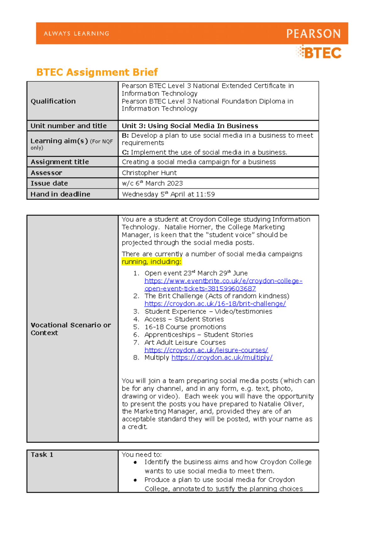 Unit 3 - Assignment Brief Learning Aim B And C - Using Social Media In ...