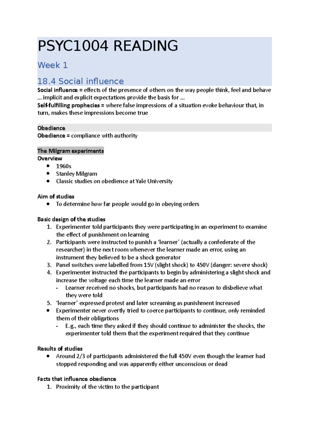 PSYC1004 Reading - PSYC1004 READING Week 1 18 Social Influence Social ...