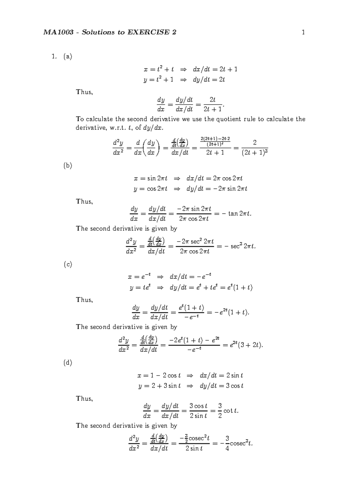 Exercise 2 Solutions - MA1003 - Solutions to EXERCISE 2 1 (a) x = t 2 ...