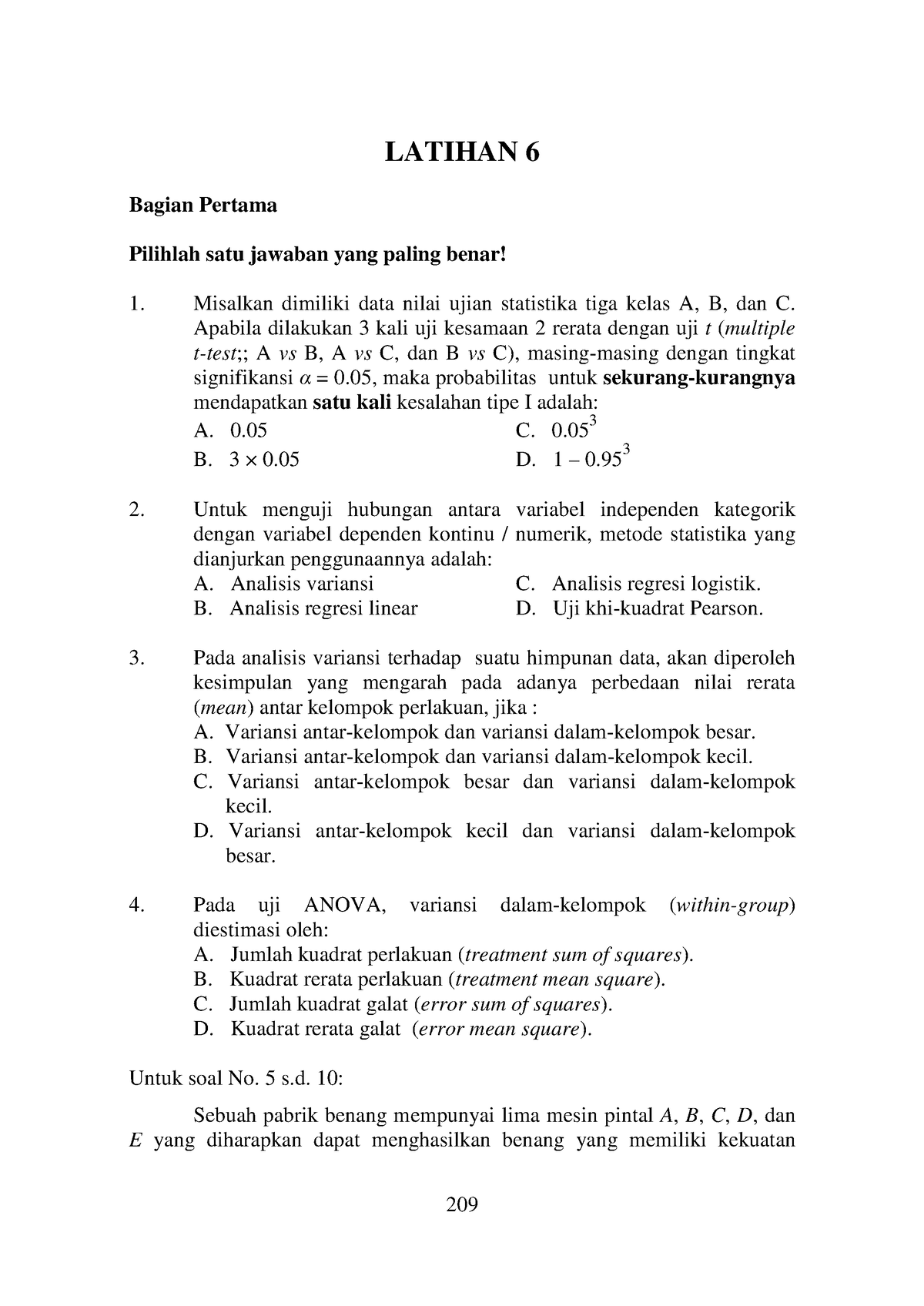 Statistika 2 - Latihan 6 - LATIHAN 6 Bagian Pertama Pilihlah Satu ...