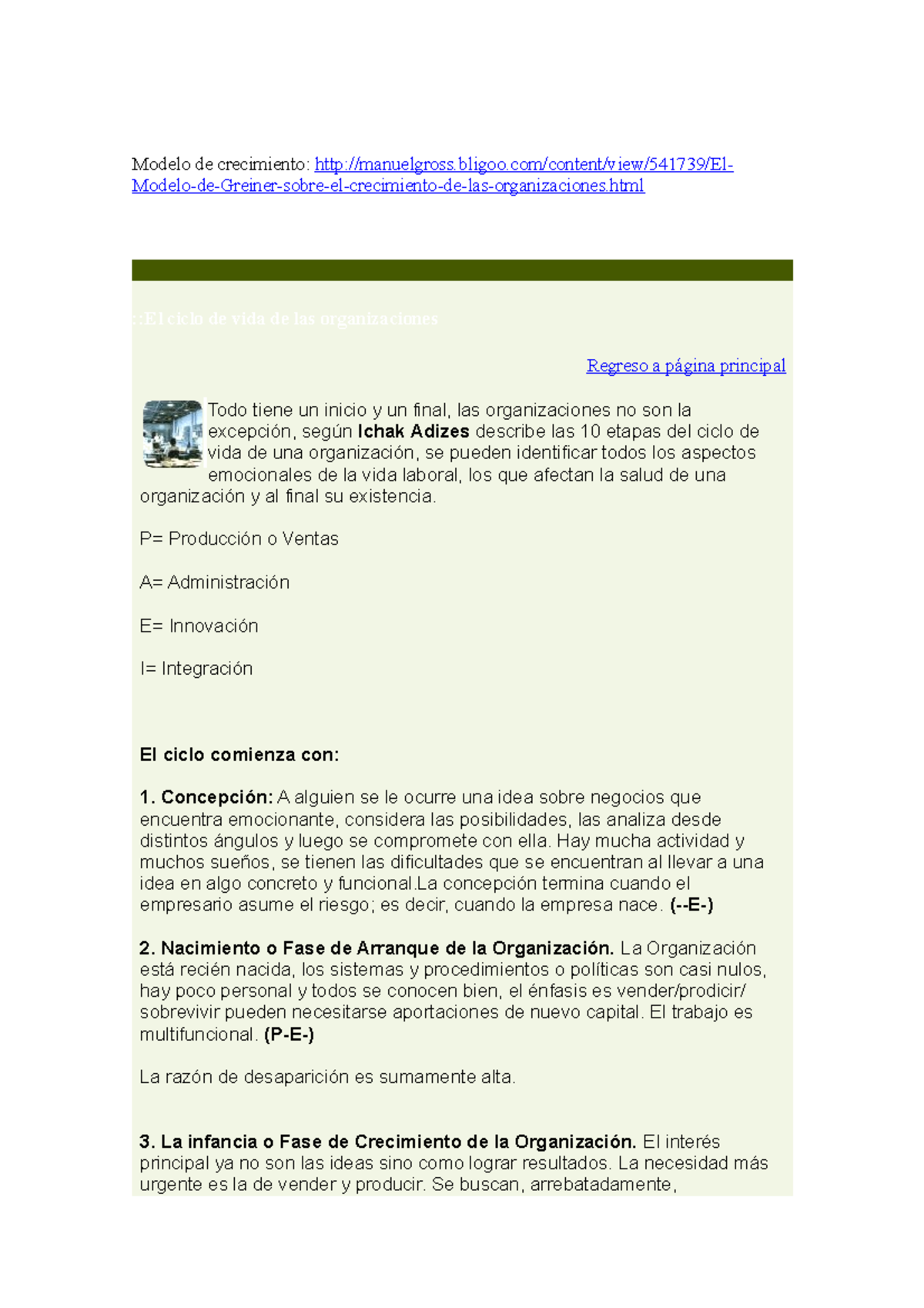 El ciclo de vida de las organizaciones - Modelo de crecimiento: - Studocu