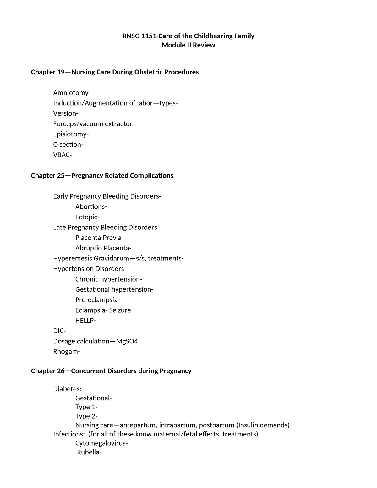 Module 2 Review - RNSG 1151-Care of the Childbearing Family Module II ...