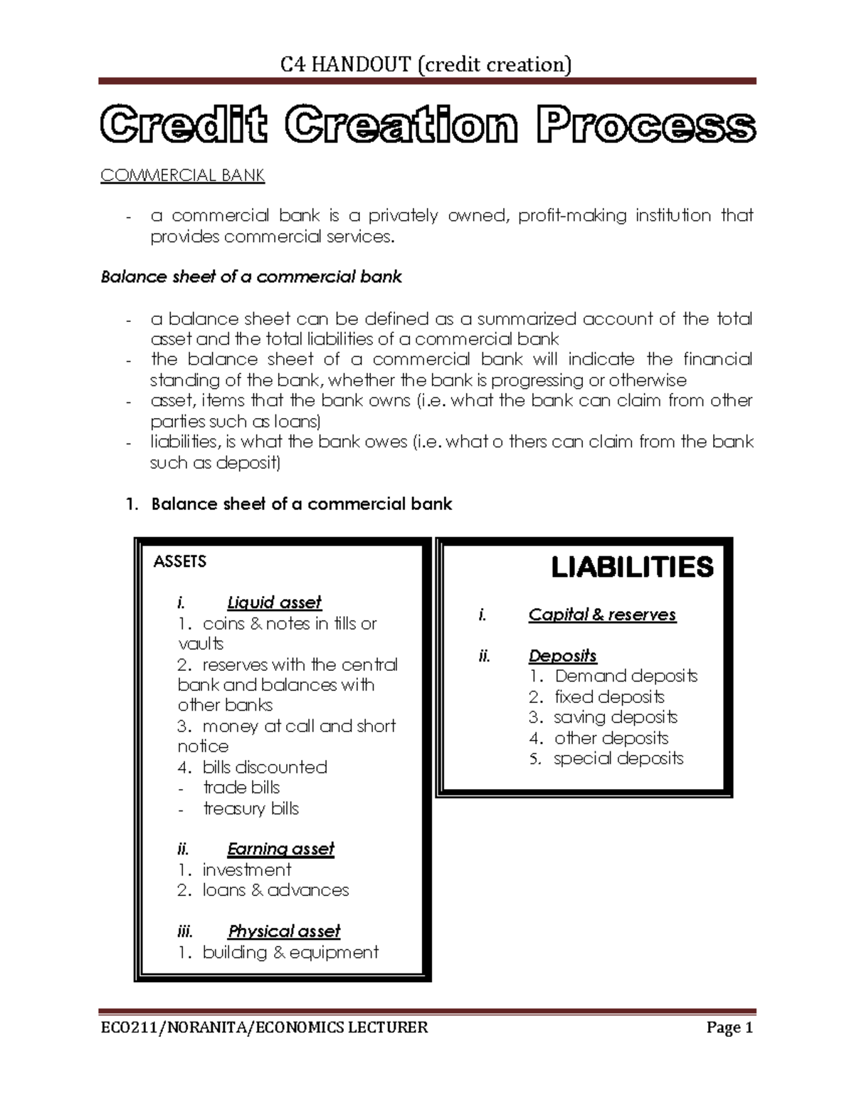 C4 Handout (credit creation) - COMMERCIAL BANK a commercial bank is a ...