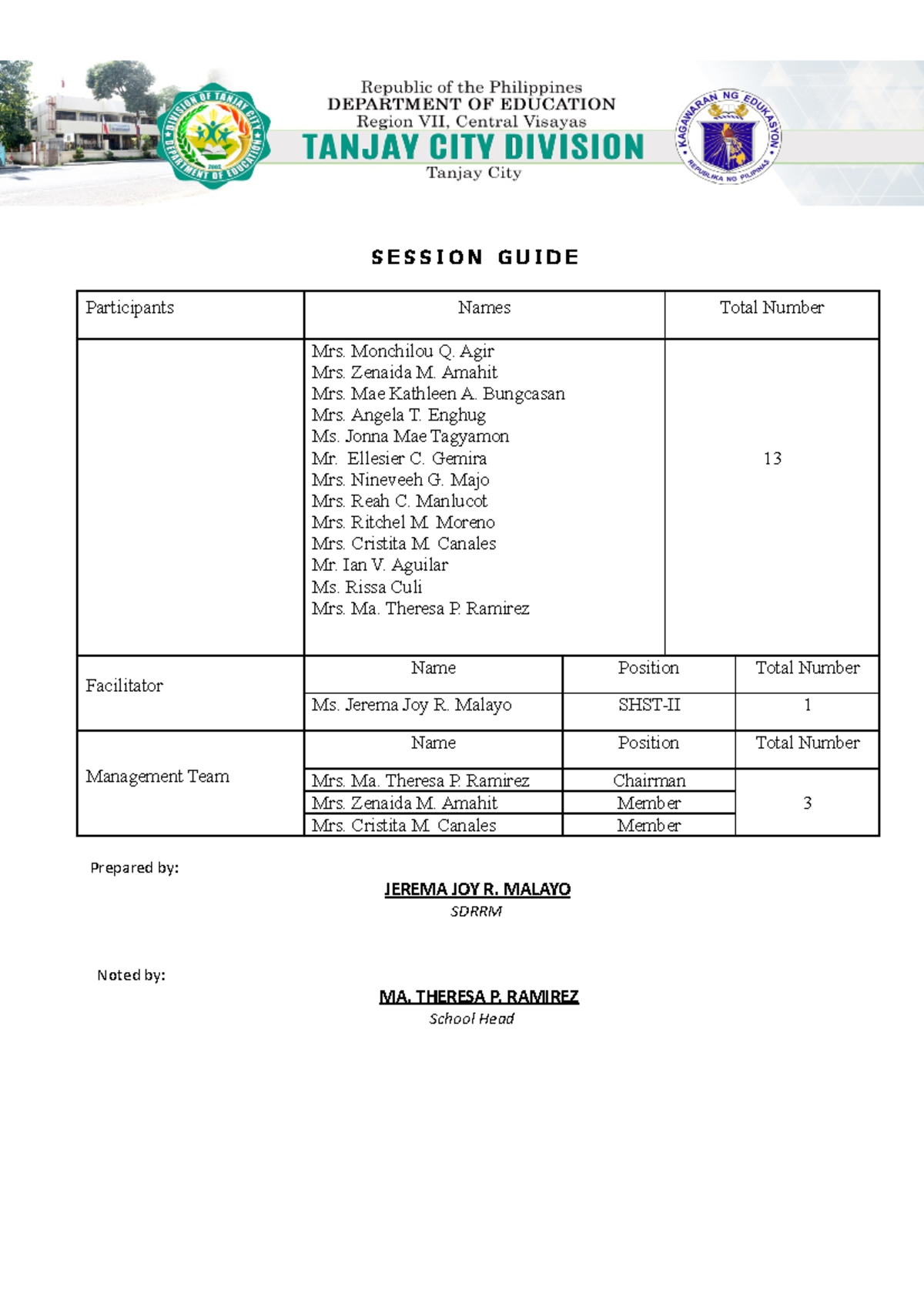 Session-Guide - None. - S E S S I O N G U I D E Participants Names ...