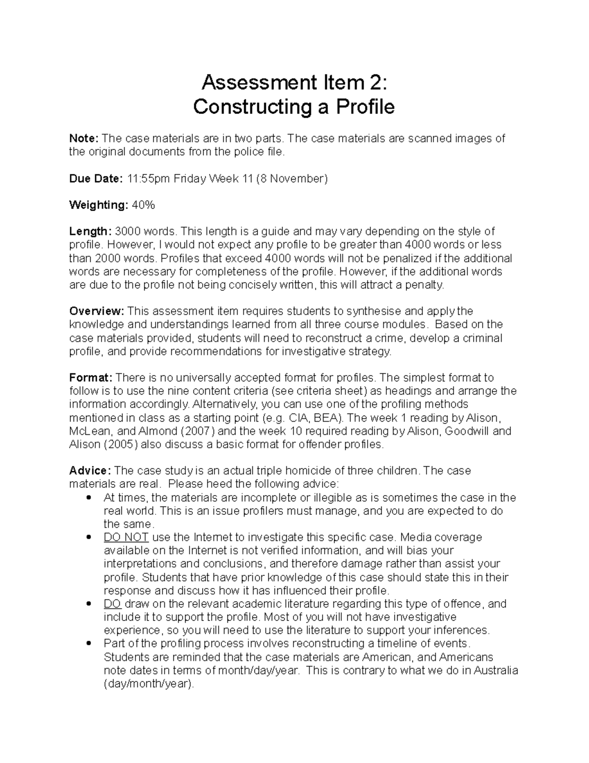 Profile Instructions 2019 - Assessment Item 2: Constructing a Profile ...