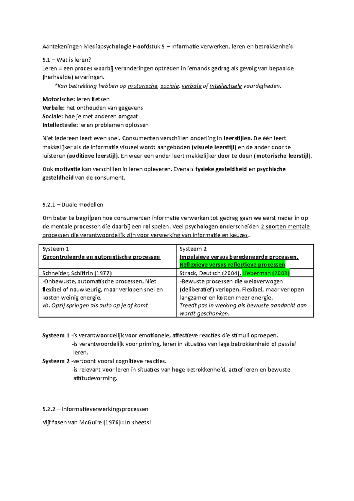 Samenvatting H9 Informatie Verwerken, Leren En Betrokkenheid ...