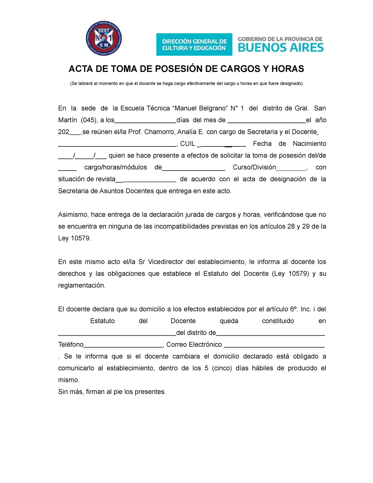 D1 Acta De Toma De Posesión De Cargos Y Horas 2023 S Acta De Toma