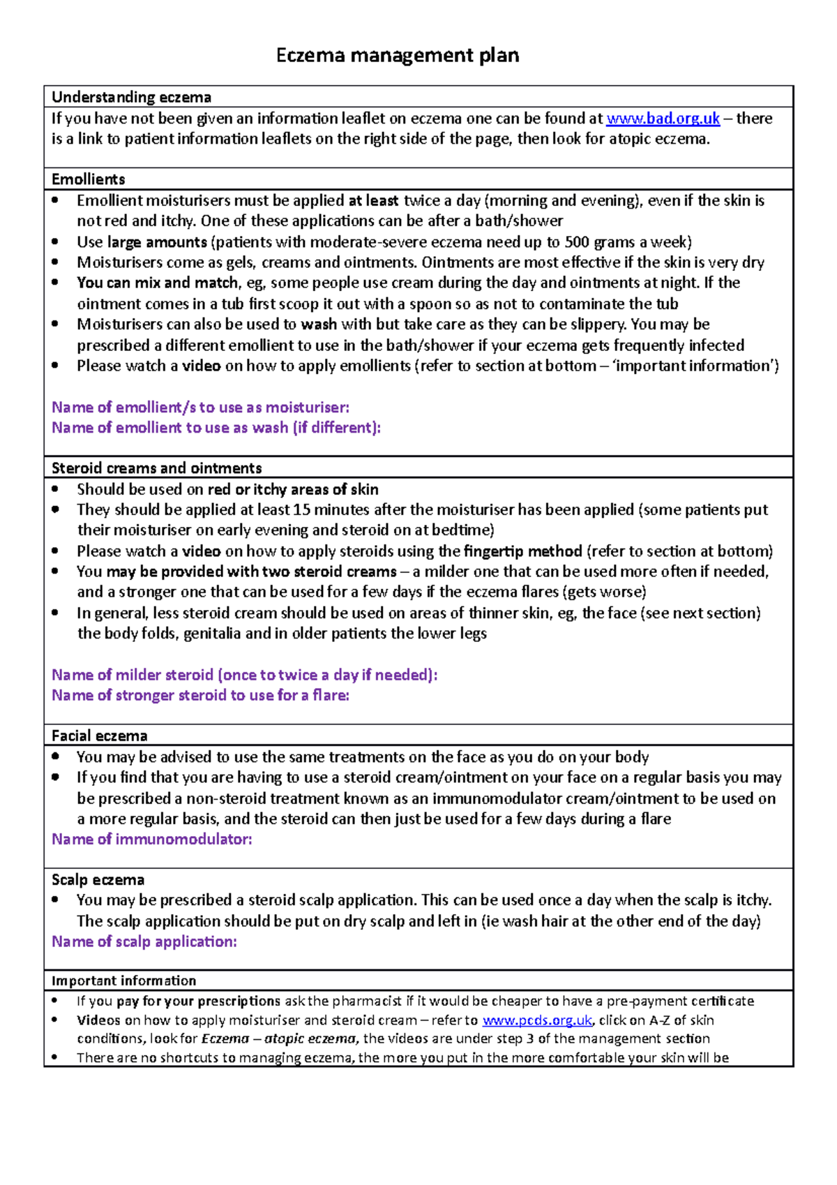 Eczema management sheet July 2018 - Eczema management plan ...