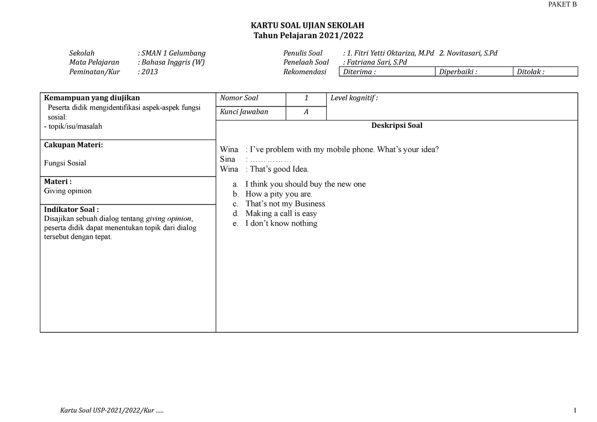 01. Format Kartu Soal P1. USP B.Inggris Wajib 2021-2022 - KARTU SOAL ...