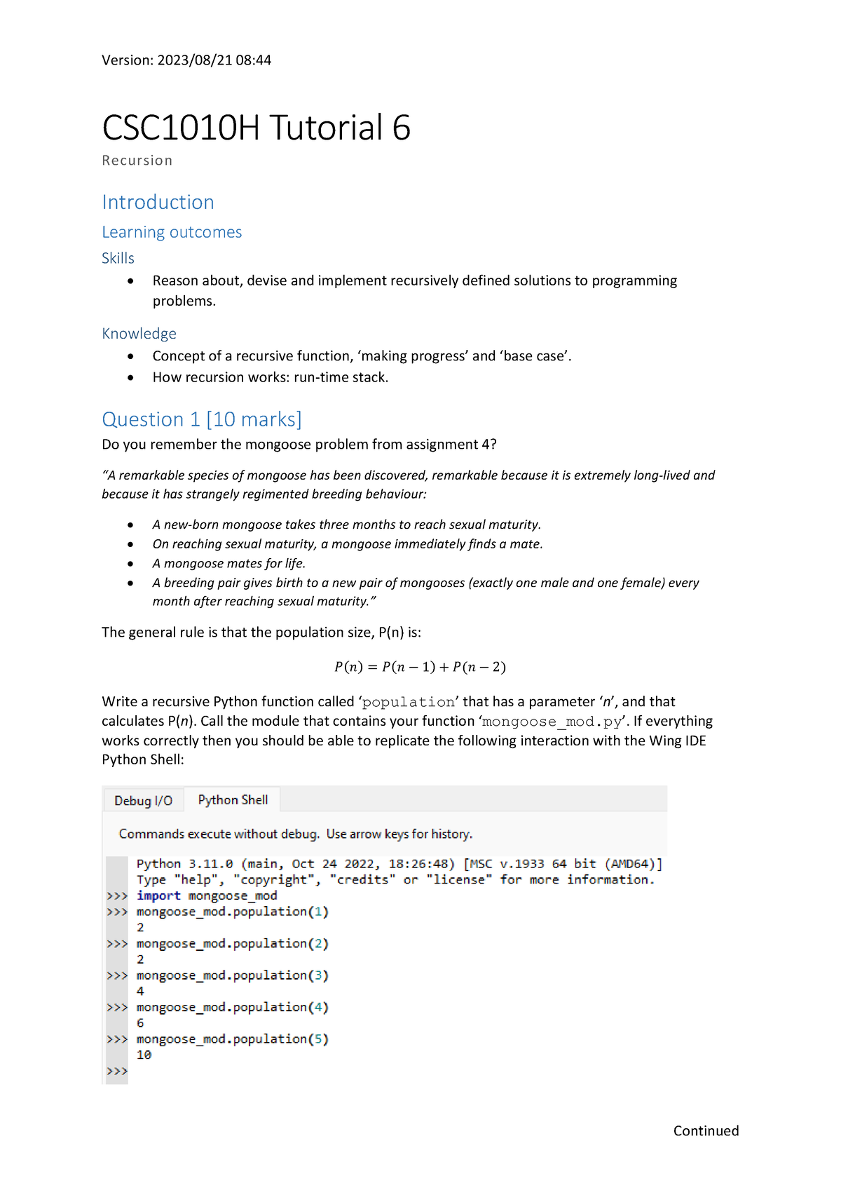 Assignment - Version: 2023/08/21 08: CSC1010H Tutorial 6 Recursion ...