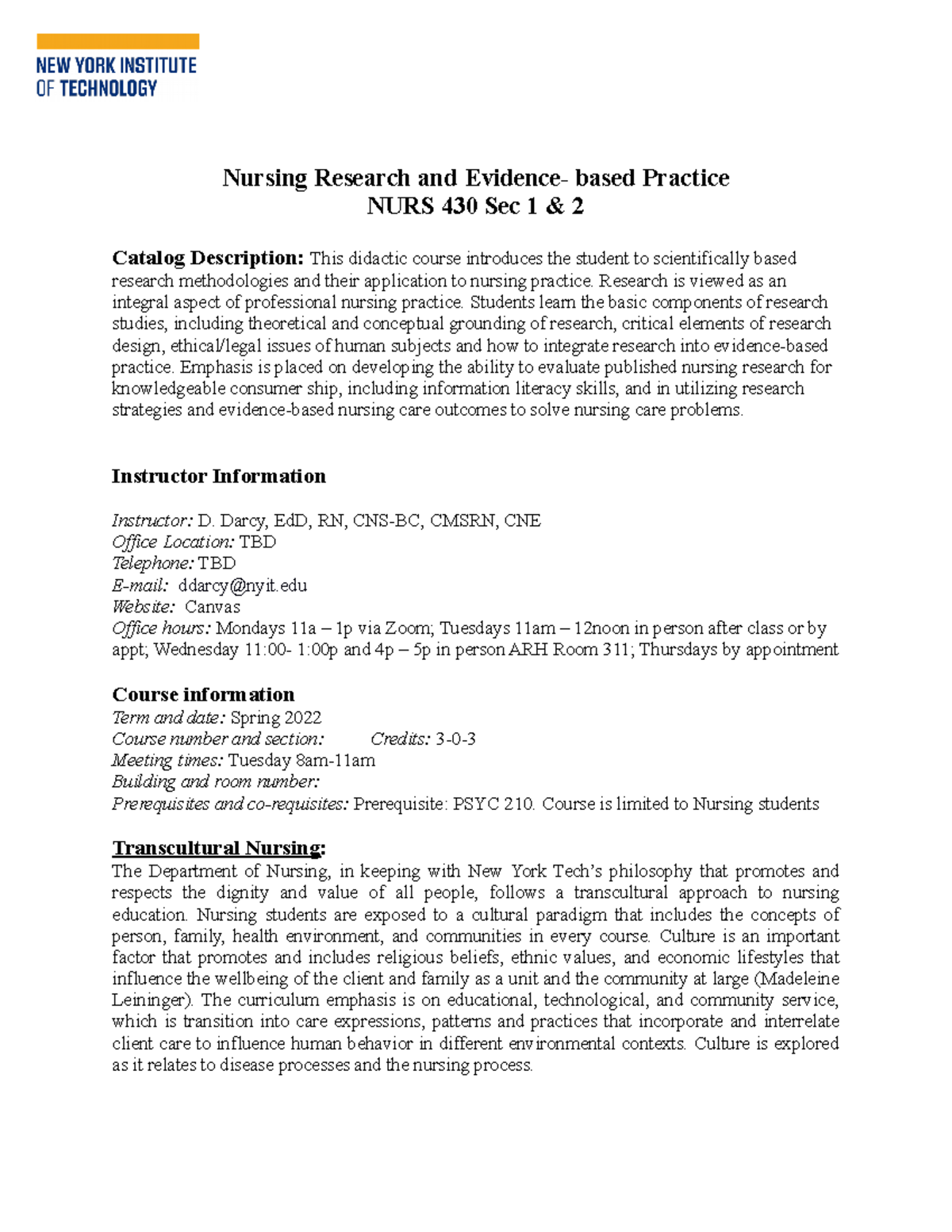 NURS 430 syllabus Spring 2022 - Nursing Research and Evidence- based ...