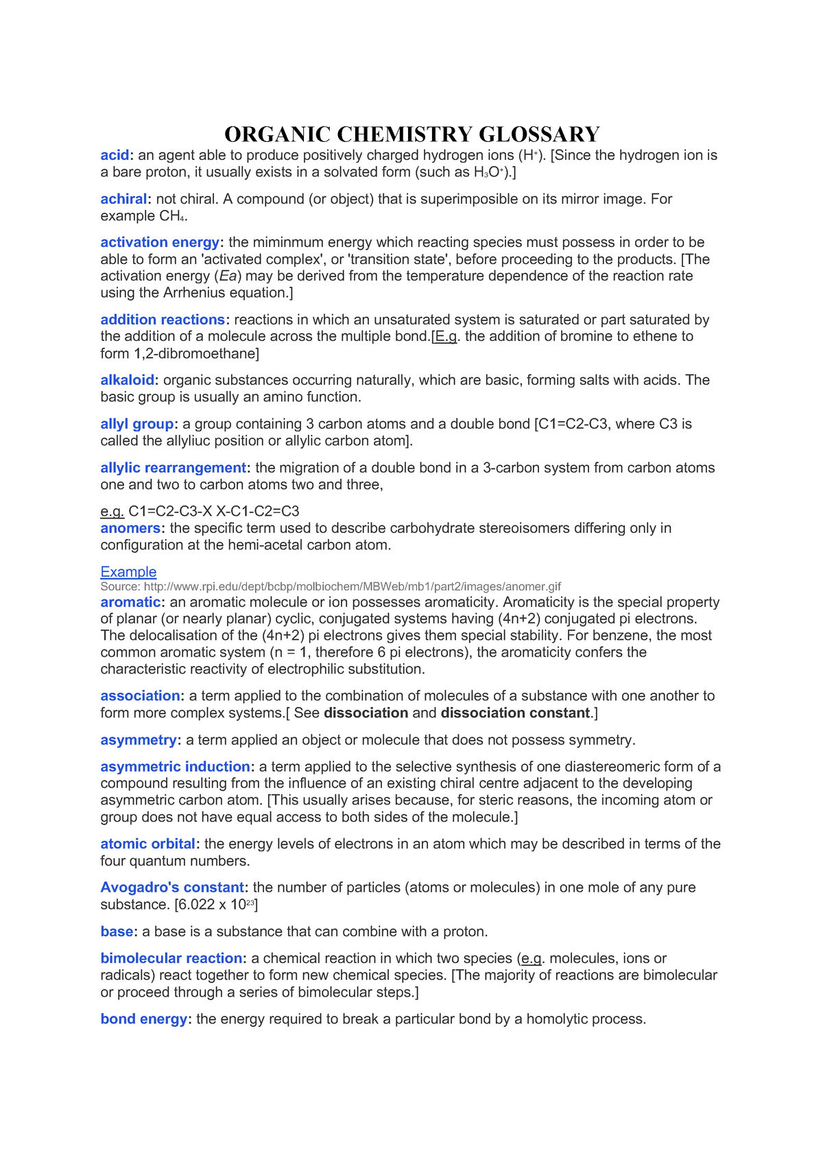 Organic Chemistry Glossary - ORGANIC CHEMISTRY GLOSSARY Acid: An Agent ...