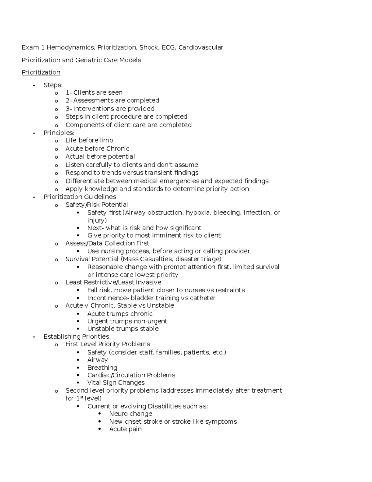 Exam 1 Study Guide (Adult 2) - Exam 1 Hemodynamics, Prioritization ...