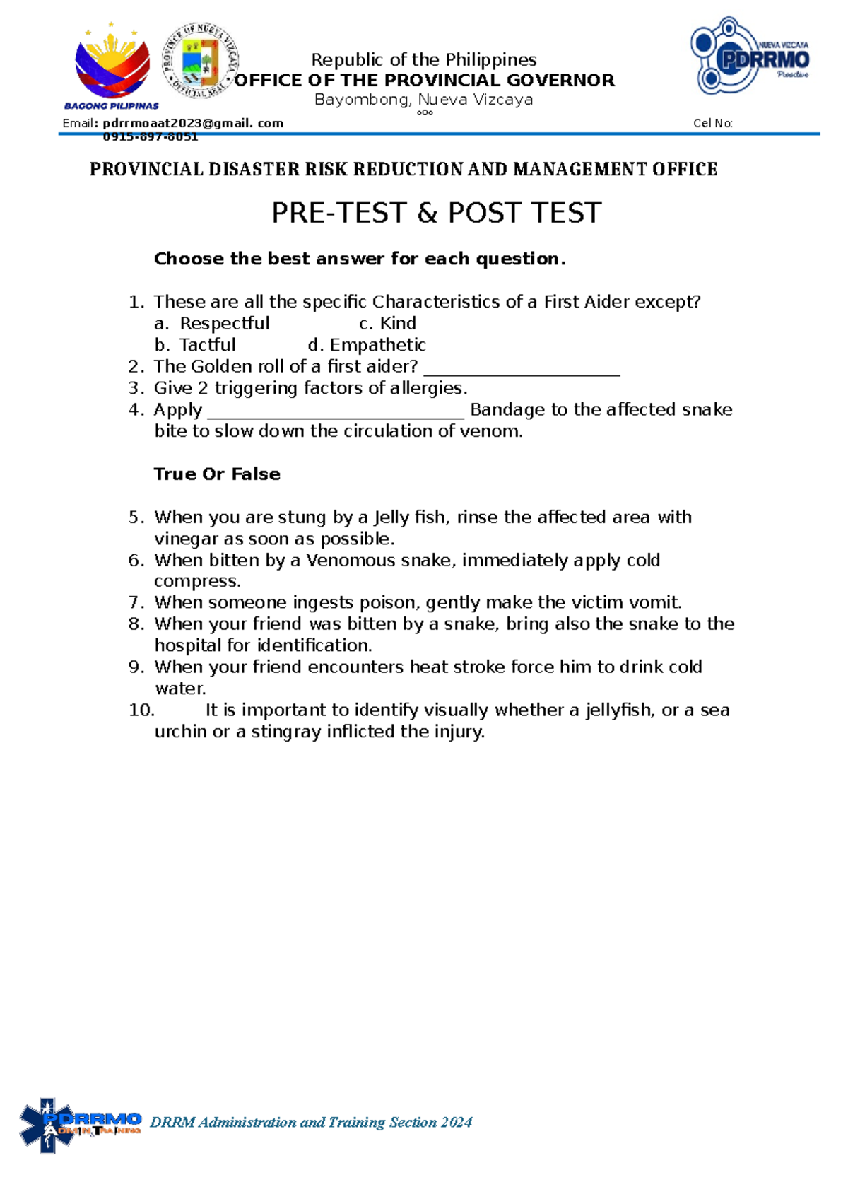 PRE-TEST-and-POST-TEST Topic-2 - Republic of the Philippines OFFICE OF ...