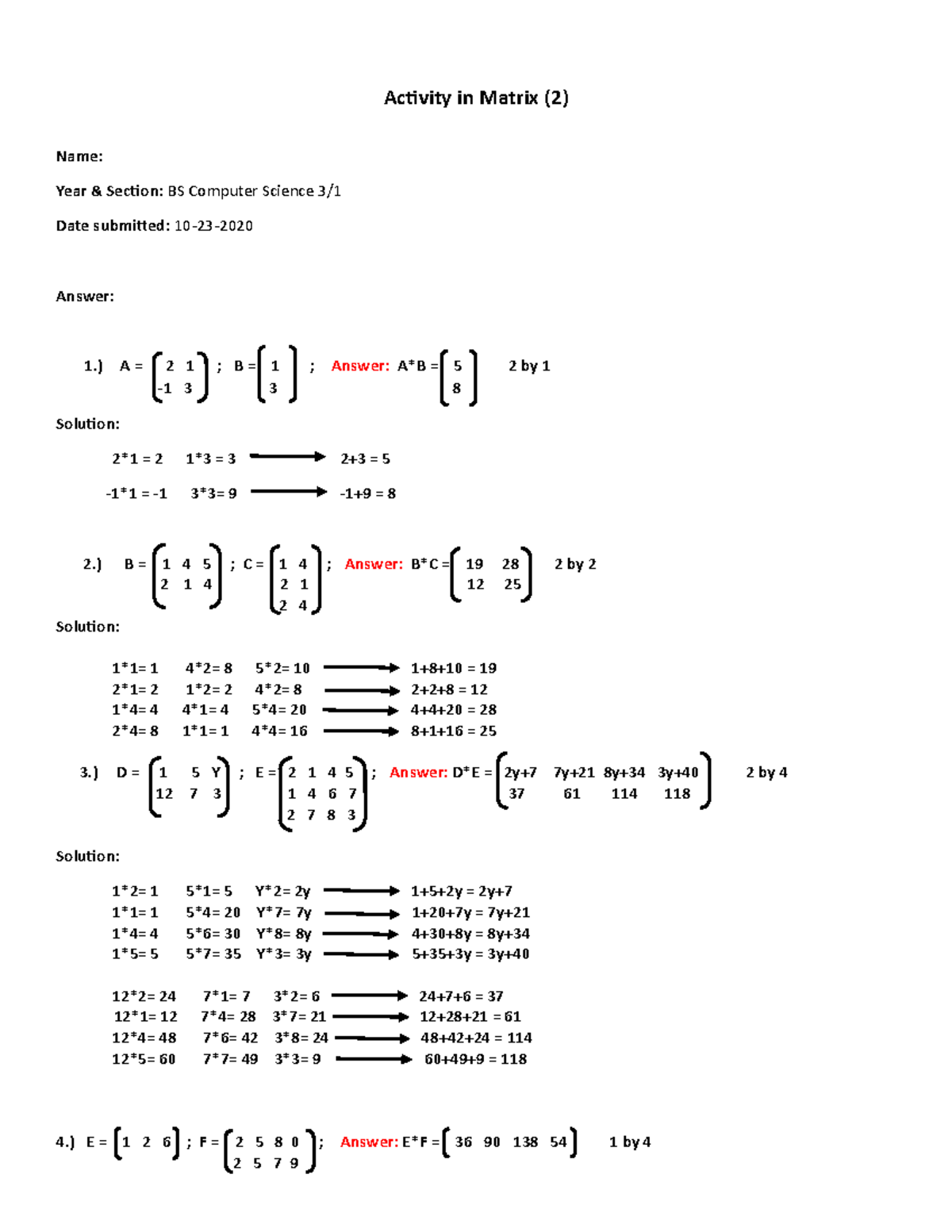Linear Algebra - Matrix Practical with solution - BS in Computer ...