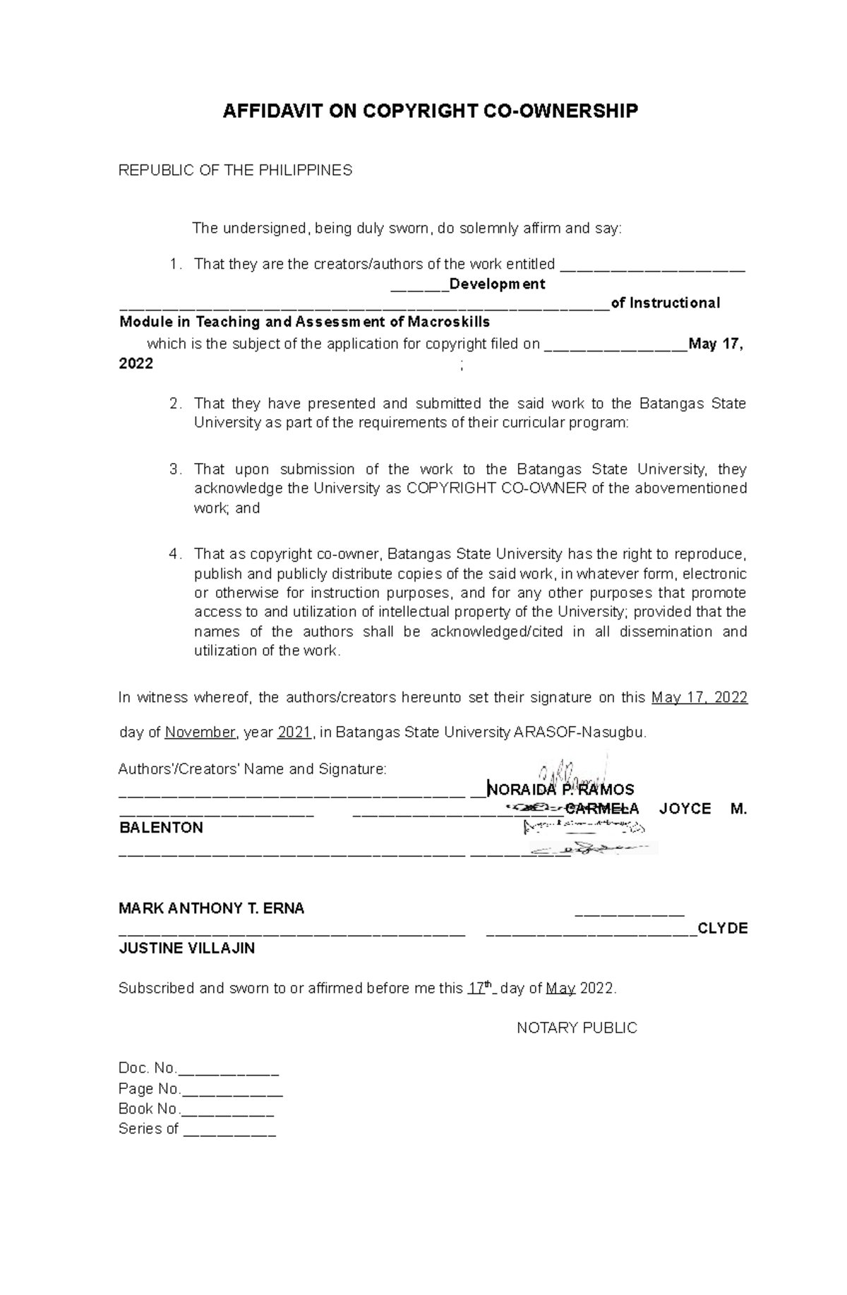 Document - None - AFFIDAVIT ON COPYRIGHT CO-OWNERSHIP REPUBLIC OF THE ...