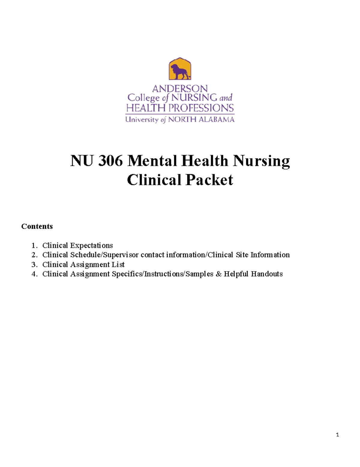 NU 306 Clinical Packet - NU 306 Mental Health Nursing Clinical Packet ...