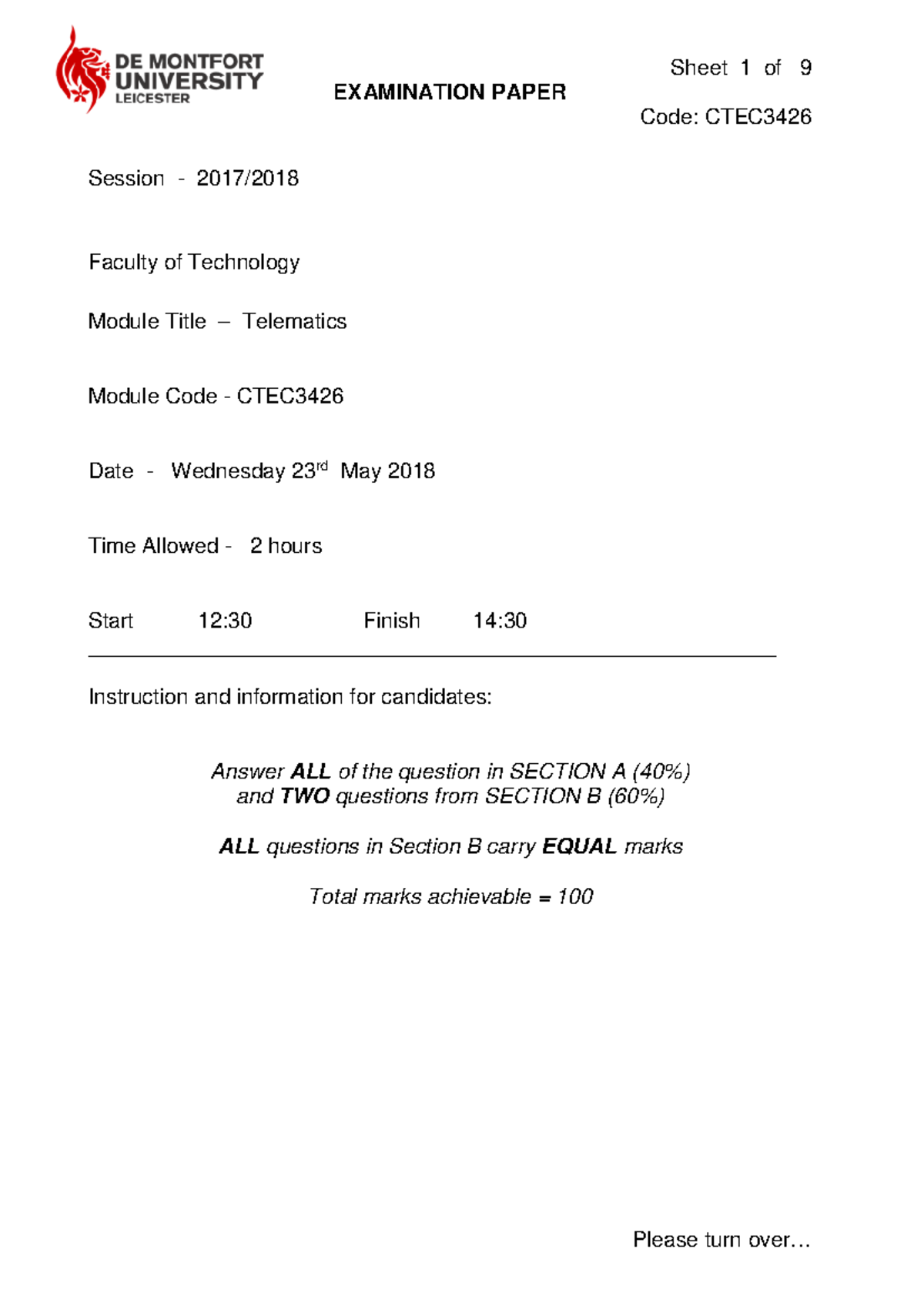 CTEC3426 2018 Exam - Sheet 1 of 9 EXAMINATION PAPER Code: CTEC Session ...