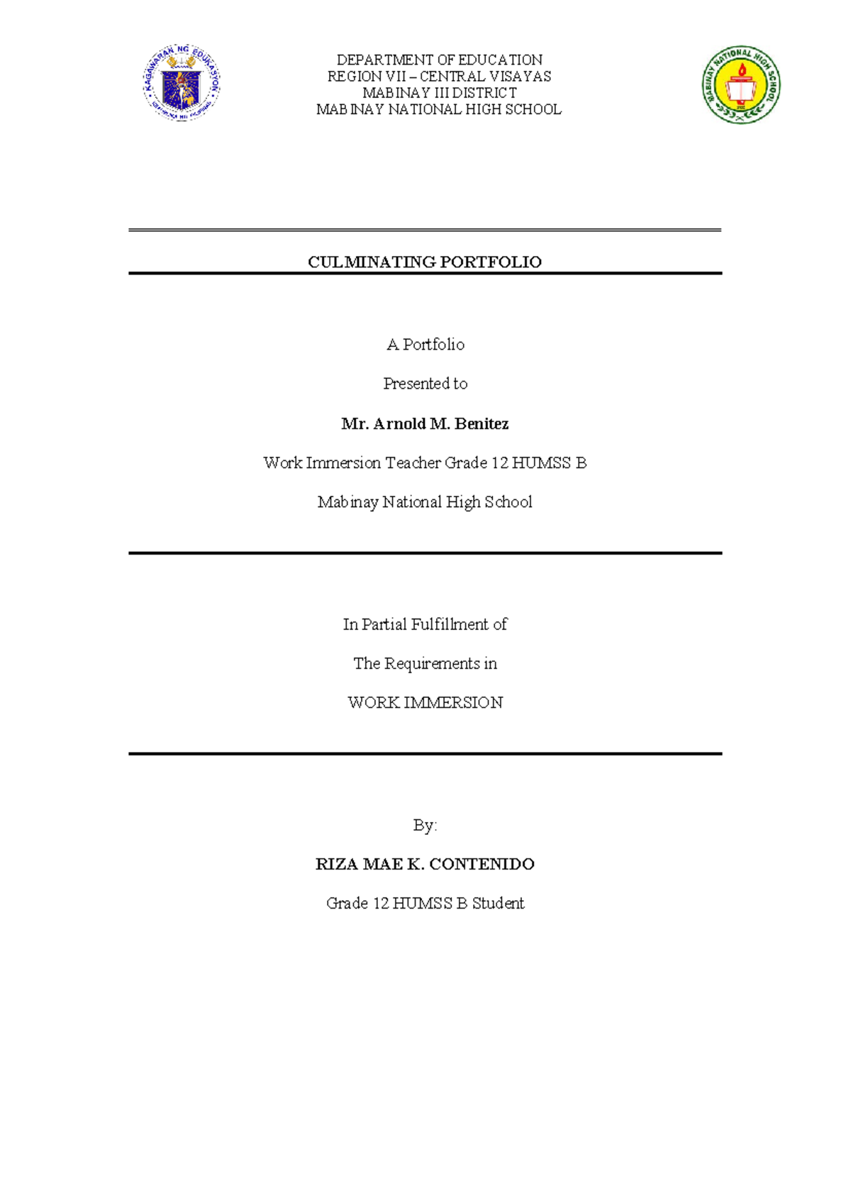 Culminating Portfolio - REGION VII – CENTRAL VISAYAS MABINAY III ...