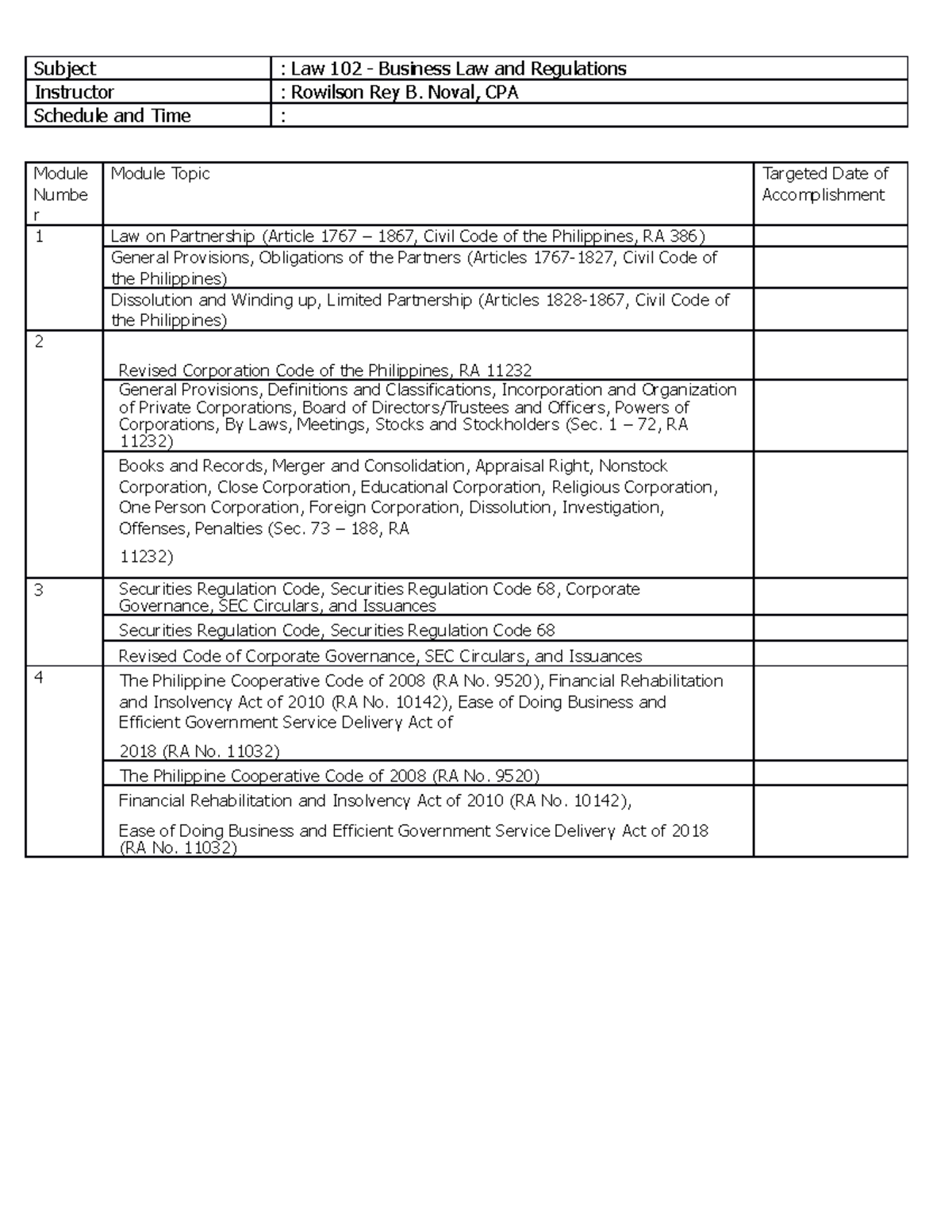 Law 102 Course Outline - Subject : Law 102 - Business Law and ...