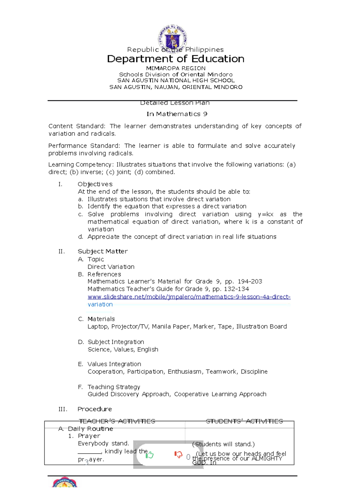 Detailed Lesson Plan Math 9 Compress Republic Of The Philippines Department Of Education 0261