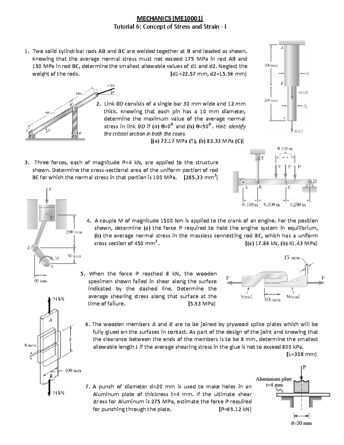 Tutorial 7 .... - MECHANICS (ME10001) Tutorial 6: Concept of Stress and ...