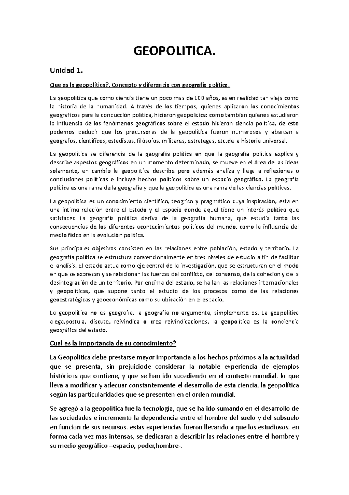 Resumen Geopolitica - GEOPOLITICA. Unidad 1. Que es la geopolítica ...