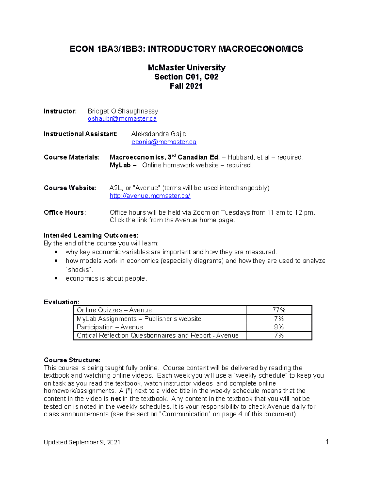 1BB3 outline F21 september 9 ag - ECON 1BA3/1BB3: INTRODUCTORY ...