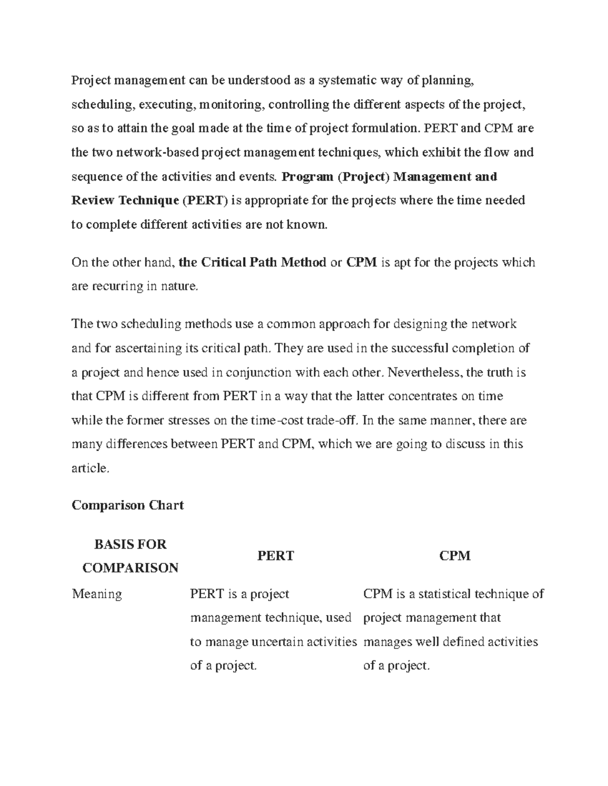 PERT & CPM Comparison - Project management can be understood as a ...