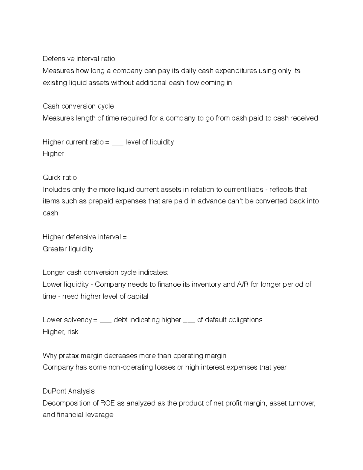 Fin461 exam3 3 - FIN 461 Exam 3 study guide - Defensive interval ratio ...