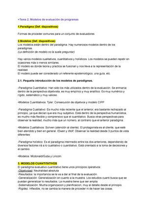 Evaluación tema 2 apuntes - +Tema 2. Modelos de evaluación de programas 1  (Def. diapositivas) Formas - Studocu