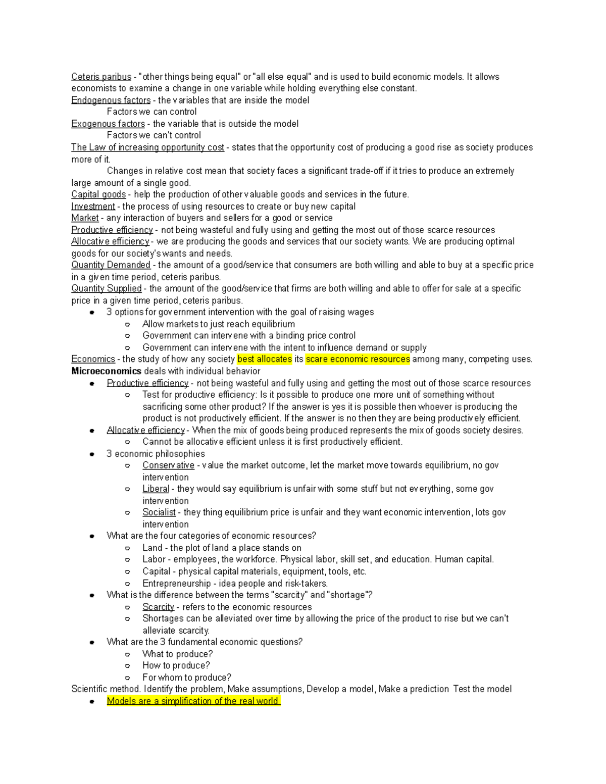 Study Guide for Exam 1 - Ceteris paribus - “other things being equal ...