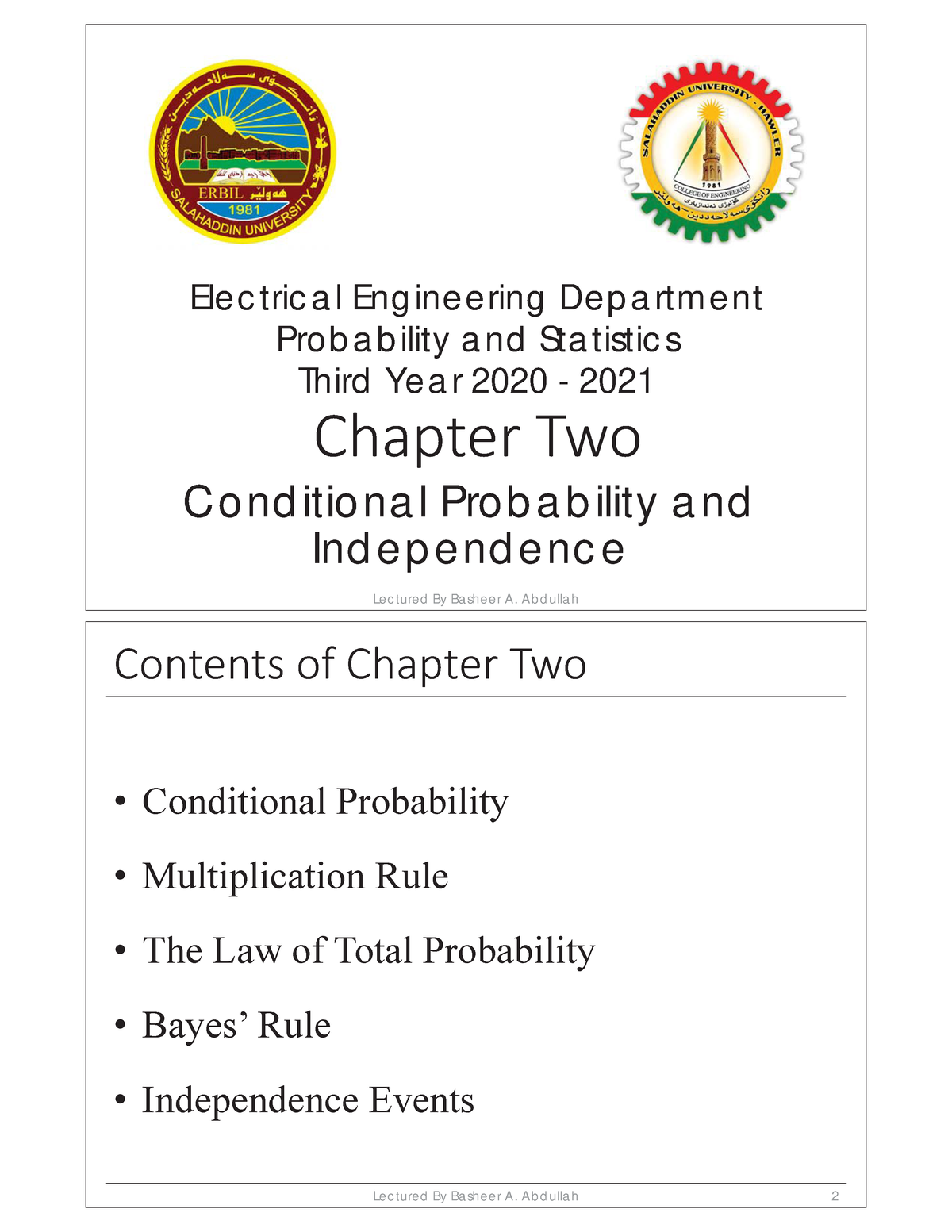 CH02 Conditional Probability And Independence - Ele C Tric A L Eng Ine ...