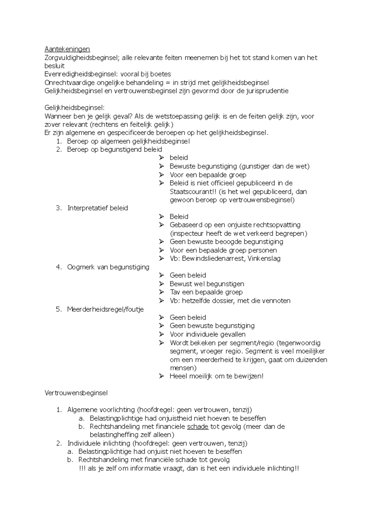 Aantekeningen Wg 4: Vertrouwensbeginsel En Gelijkheidsbeginsel ...