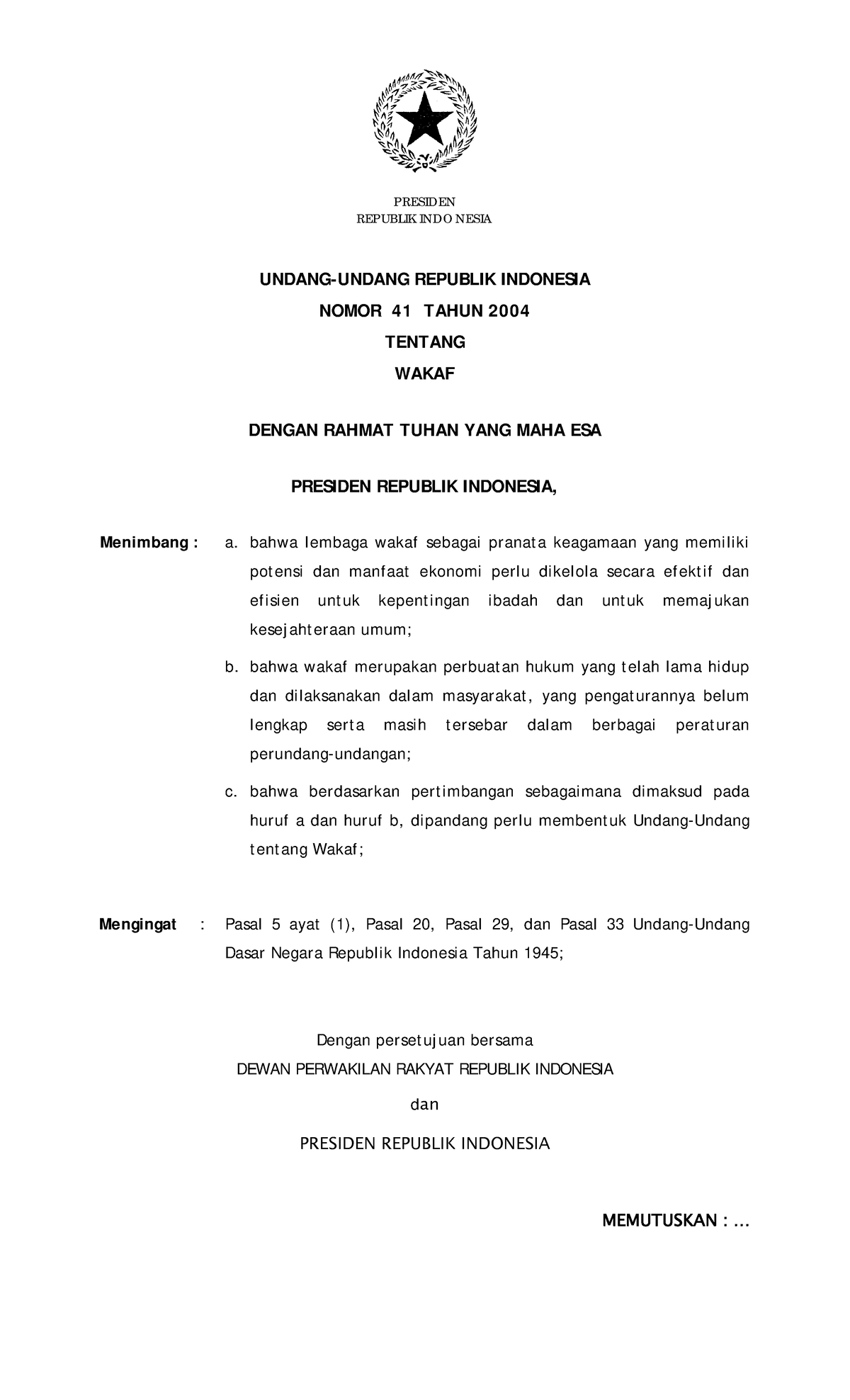 UU Nomor 41 Tahun 2004 UU Wakaf - REPUBLIK INDO NESIA UNDANG-UNDANG ...