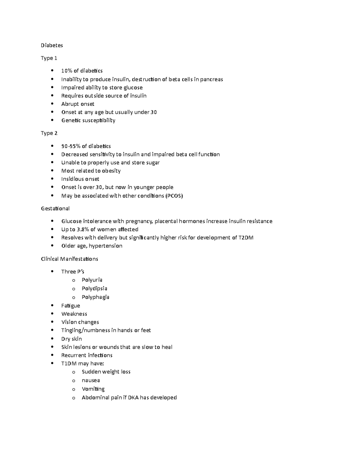 Diabetes Notes (type 1,2 and gestational) - Diabetes Type 1 10% of ...