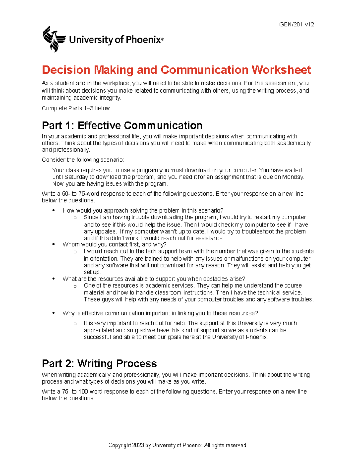 Week 3 Assignment - Decision Making and Communication Worksheet - GEN ...