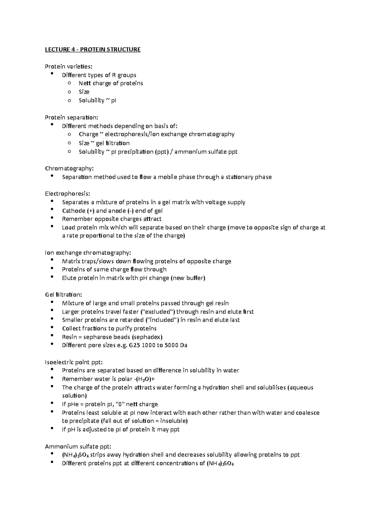 BIO152 Lecture 4 Notes - LECTURE 4 - PROTEIN STRUCTURE Protein ...