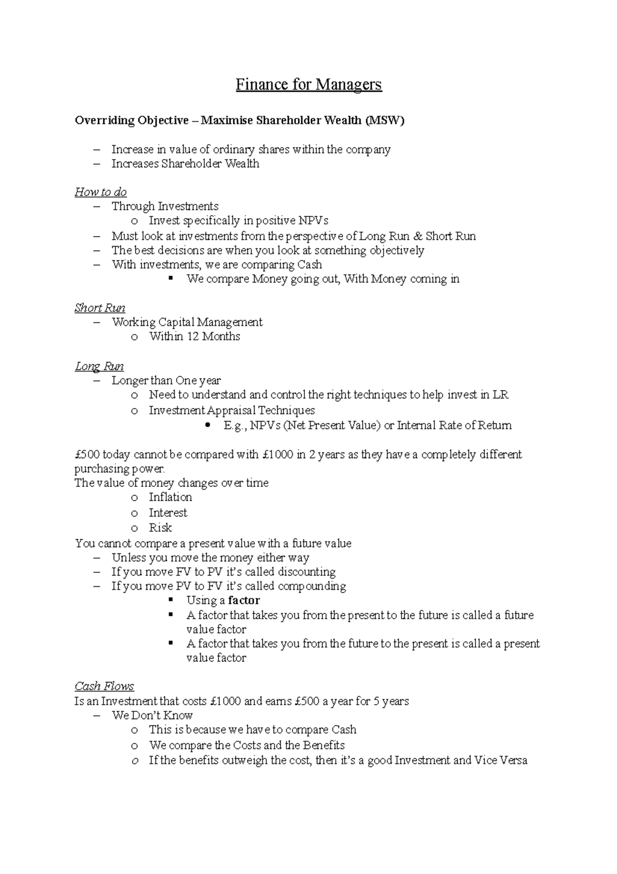 Week 1 - Week 1 Lecture Notes - Finance for Managers Overriding ...