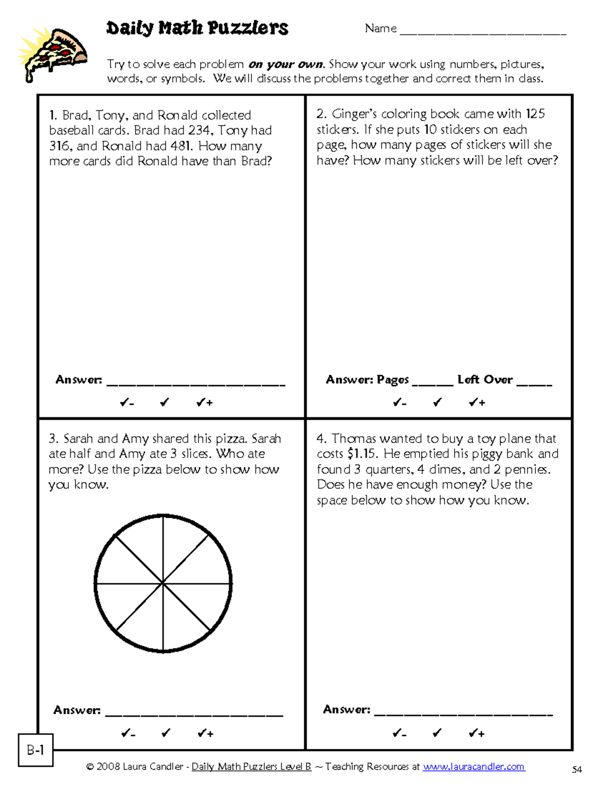 B1revised nah © 2008 Laura Candler Daily Math Puzzlers Level B