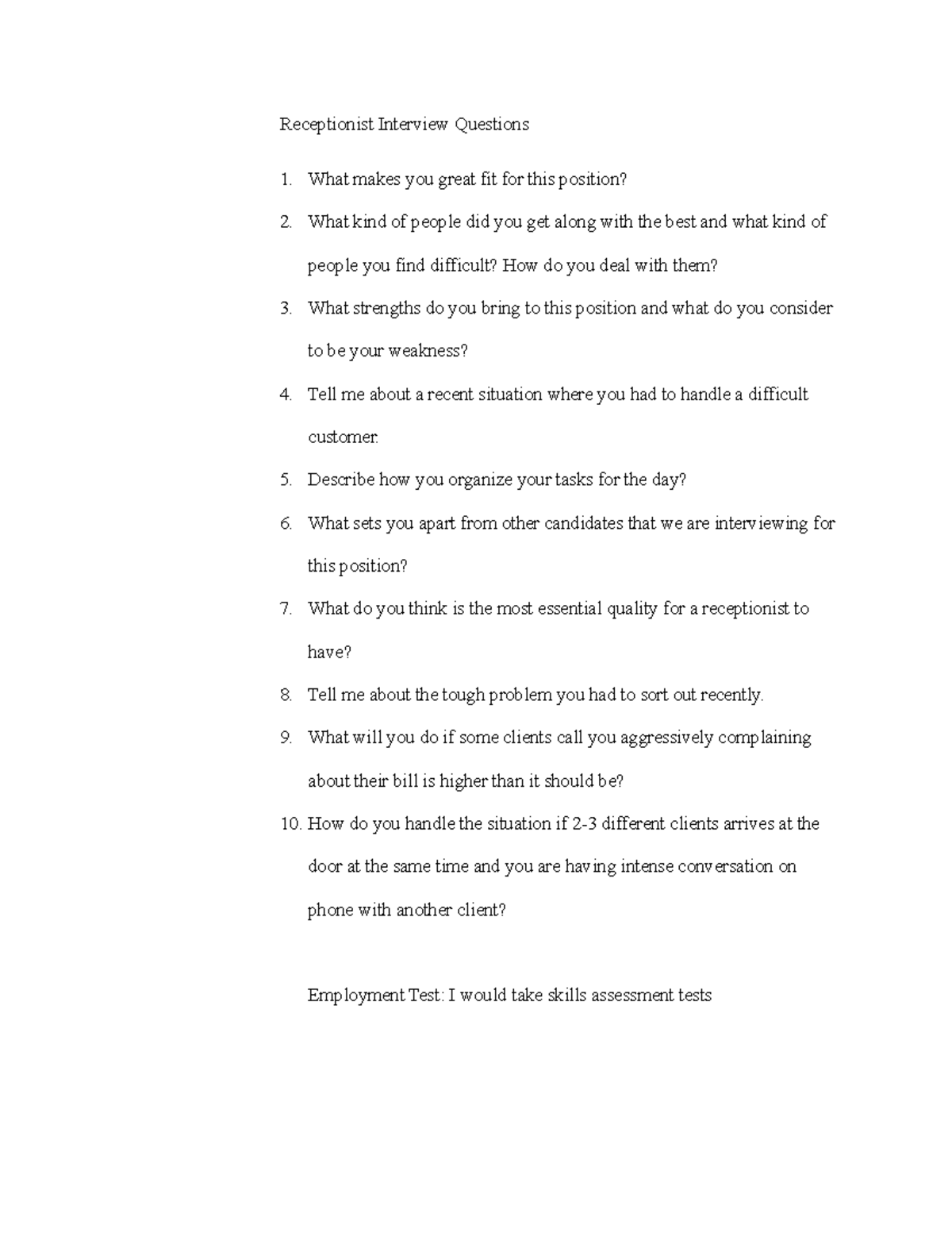 hotel receptionist job interview questions