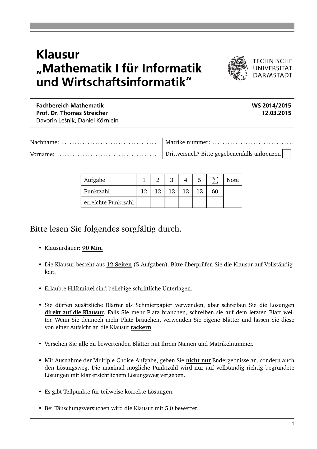 Mathematik 1 Für Informatiker TU Darmstadt Prof. Streicher WS2014 ...